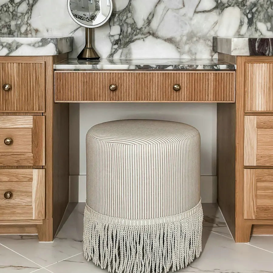 Modern Round Fabric Ottoman with Corded Fringe Trim, Soft Accent Footstool