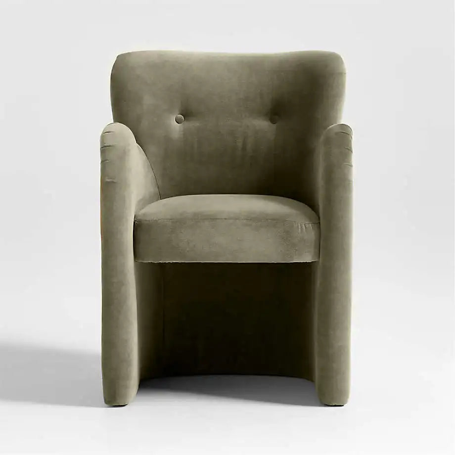 Luxurious Olive Green Velvet Dining Chair with Button Tufting & Oak Frame