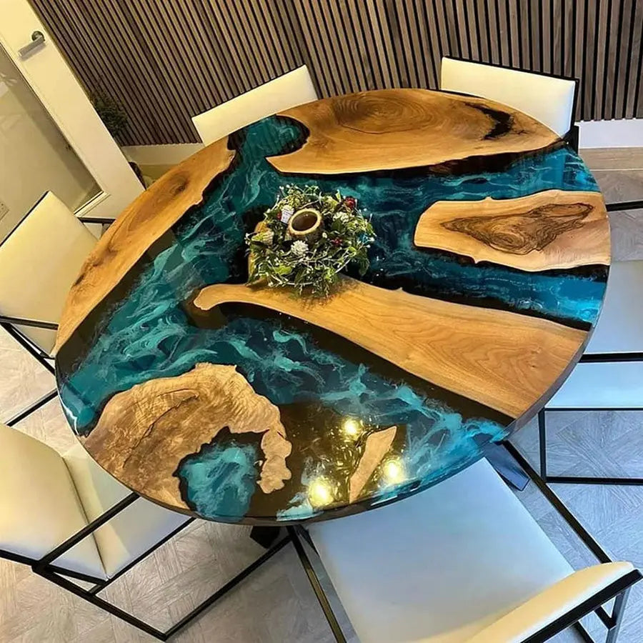 Artisan Epoxy River Round Dining Table, Solid Wood Slab Cafe Kitchen Furniture