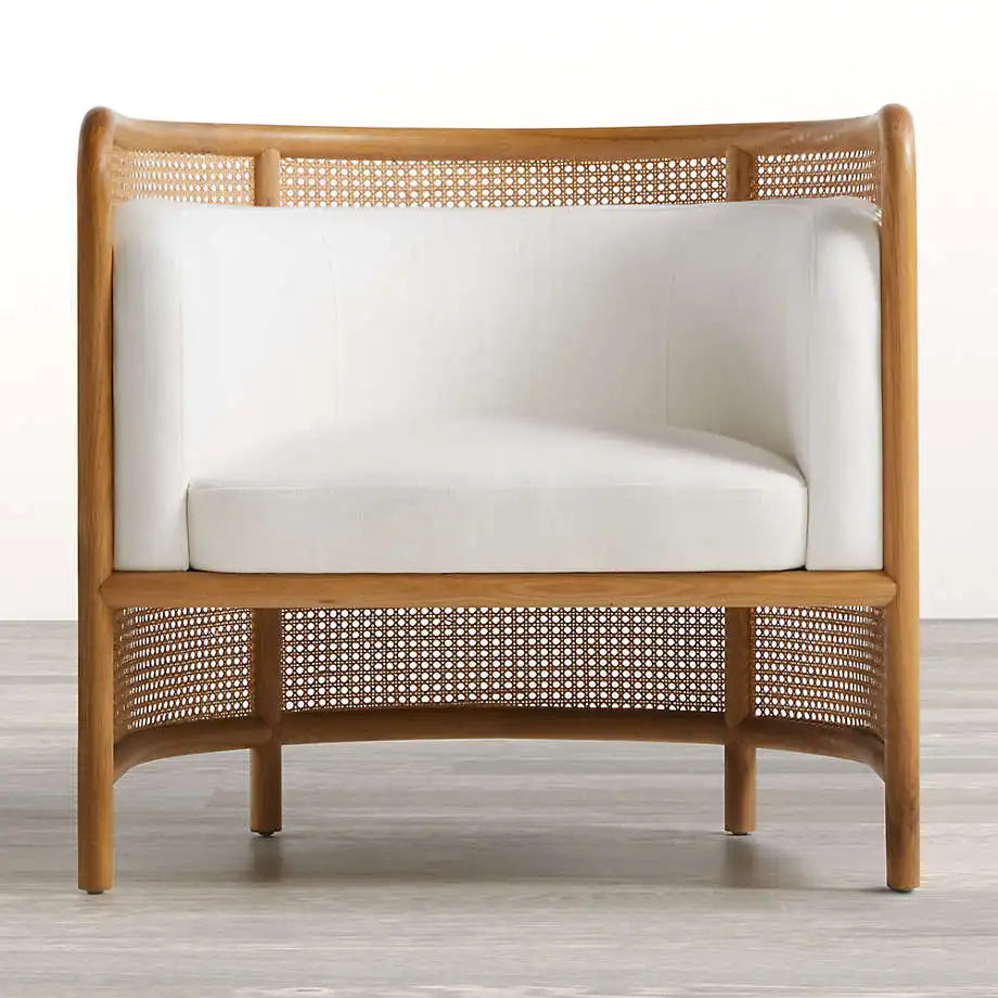 Nordic Rattan Cane Back White Accent Chair - Solid Oak Living Room Furniture