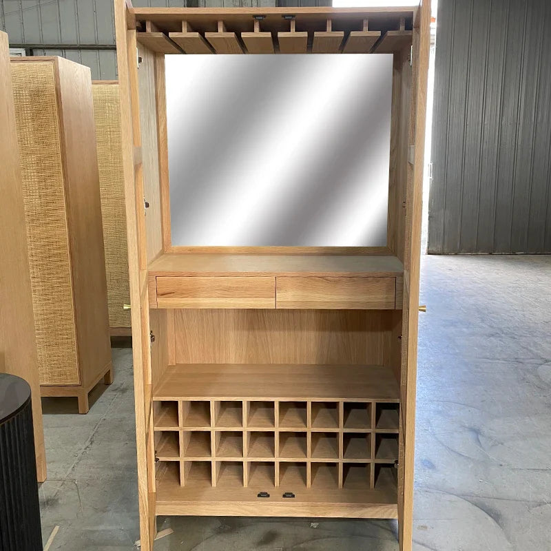Modern Rattan Wine Bar Cabinet, Two-Door Tall Storage, Solid Oak Wood