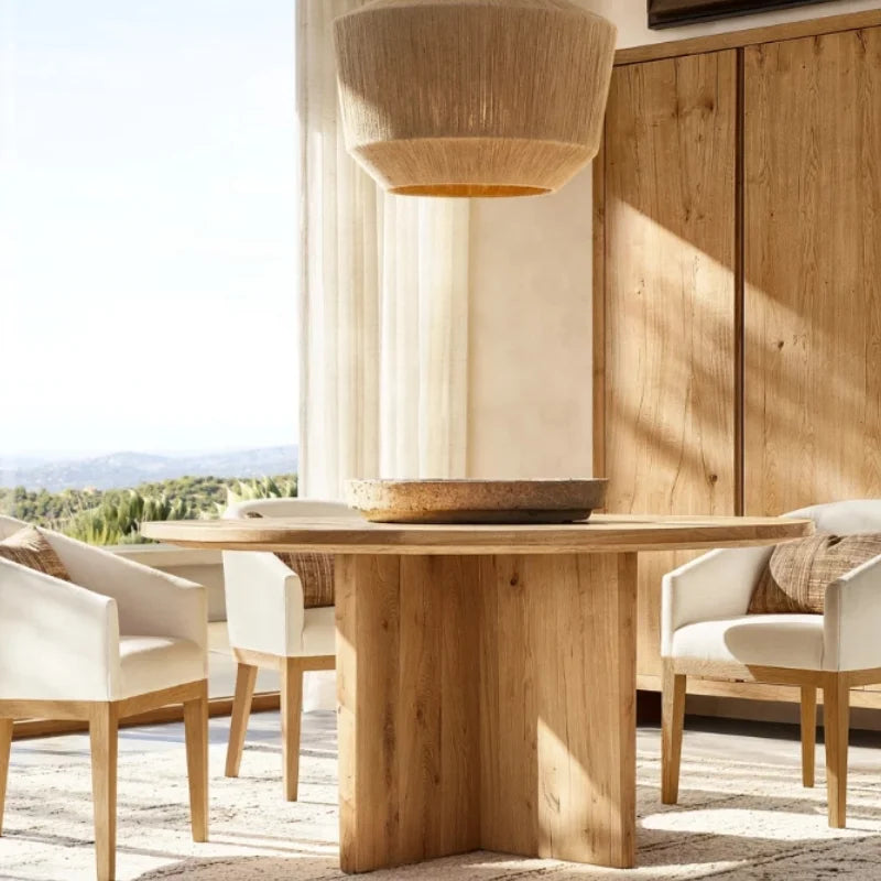 Exquisite High-Grade Round Wooden Dining Table Set - Customizable Oak Solid Wood
