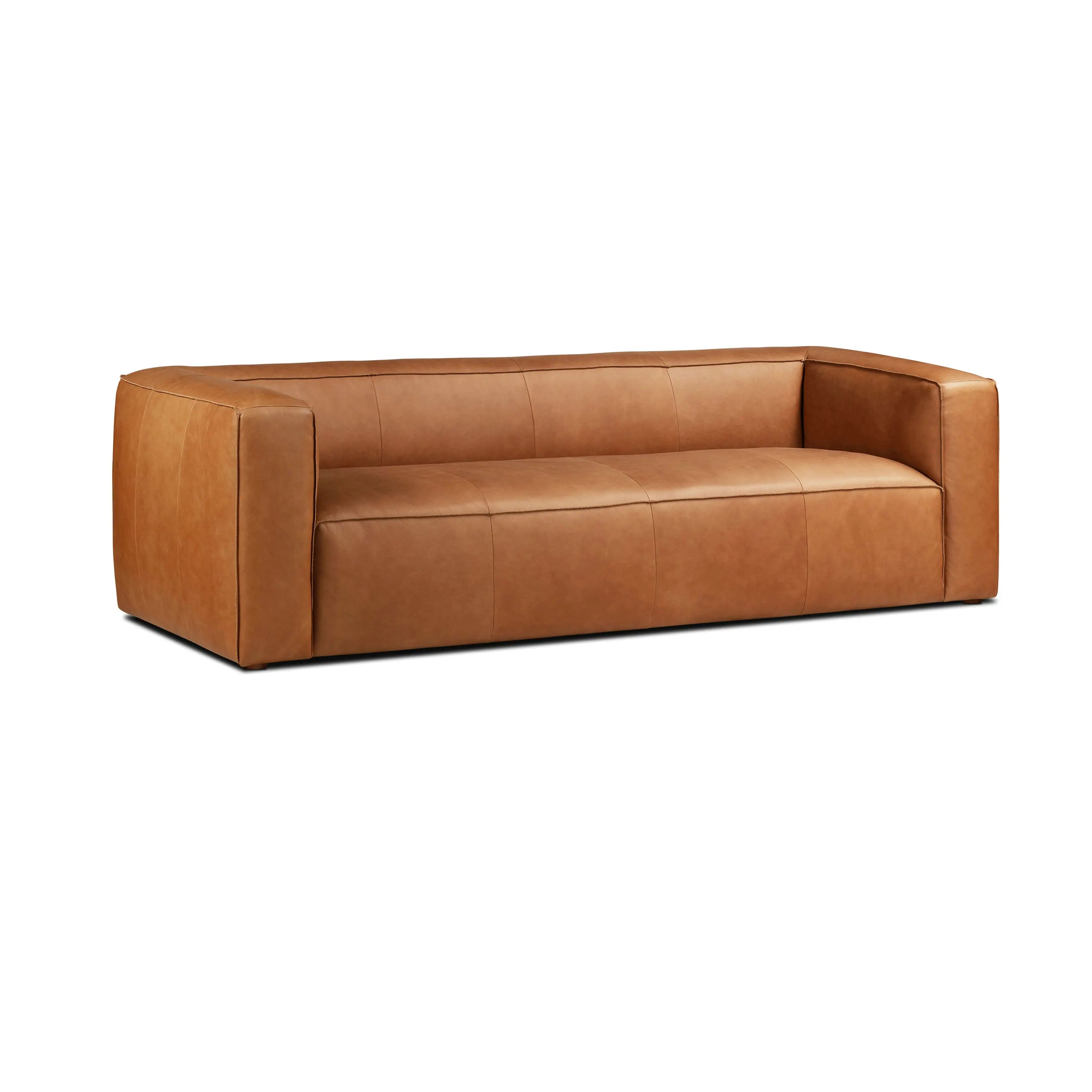 Modern 3-Seat Cognac Tan Leather Sofa Couch for Living Room Spaces