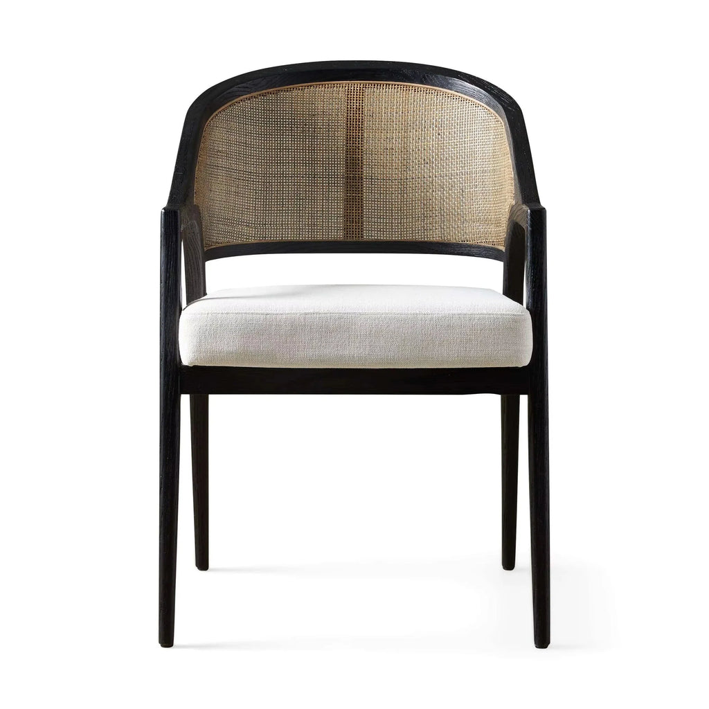 Aimee Modern Upholstered Rattan Back Dining Arm Chair, Solid Oak Frame
