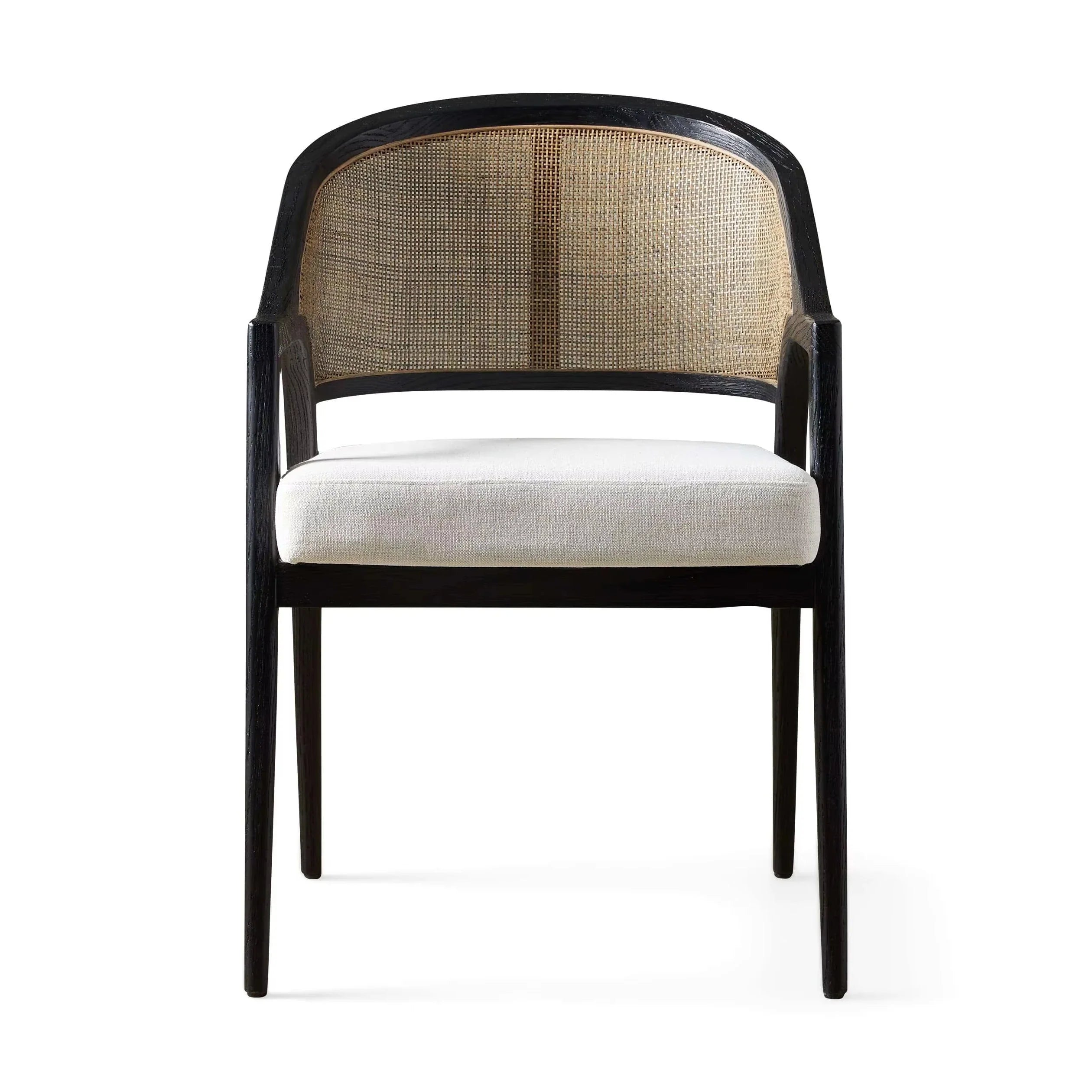 Aimee Modern Upholstered Rattan Back Dining Arm Chair, Solid Oak Frame