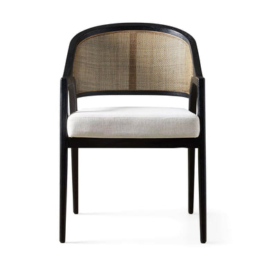Aimee Modern Upholstered Rattan Back Dining Arm Chair, Solid Oak Frame