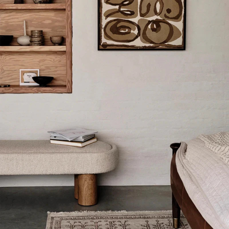 Chic Nordic White Boucle Upholstered Oak Wood Leg Ottoman Bench