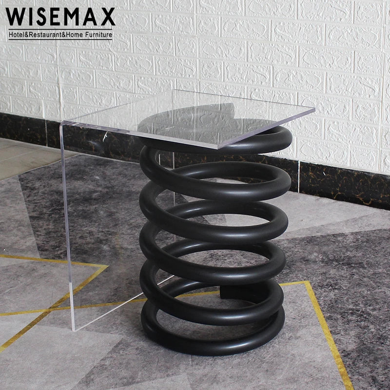 Stylish Square Acrylic Coffee Table with Unique Spring Metal Base Design