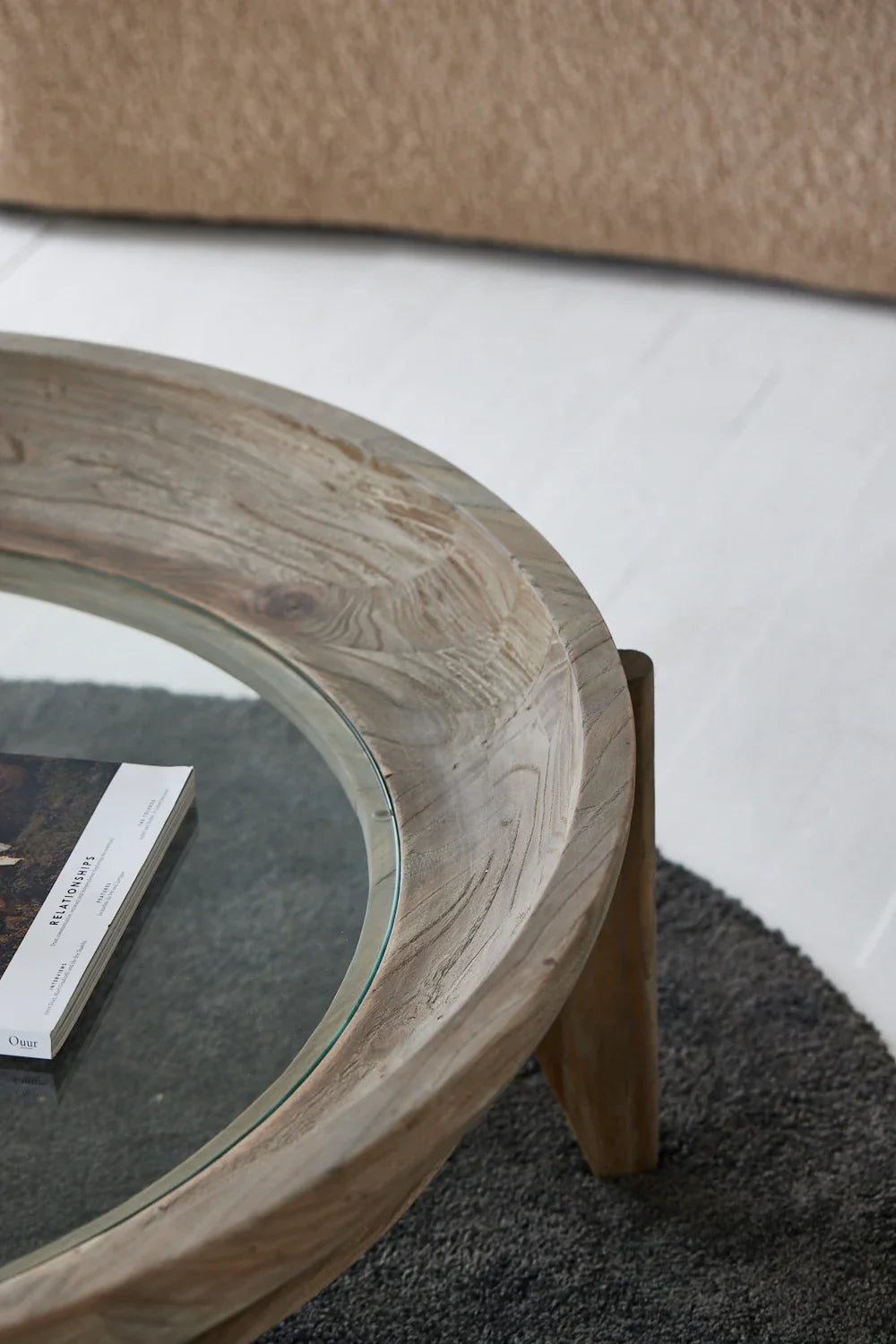 Wabi Sabi Recycled Elm Round Coffee Table with Tempered Glass Top