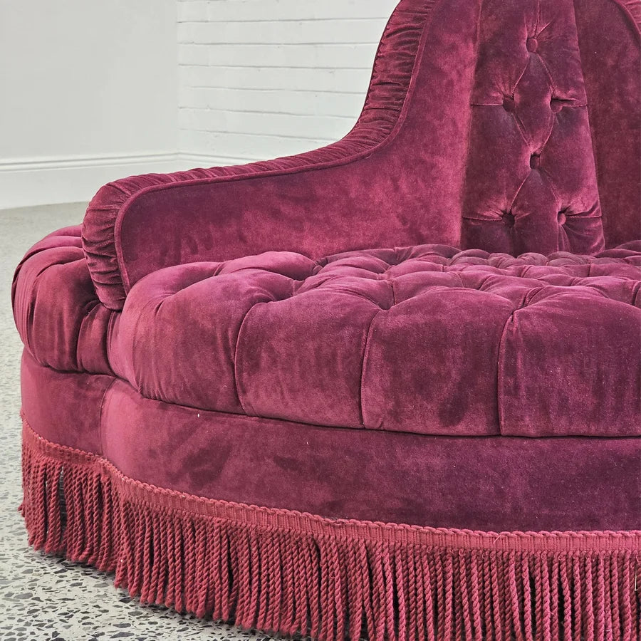 Luxurious Red Velvet Button Tufted Round Conversation Sofa with Tassels Fringes