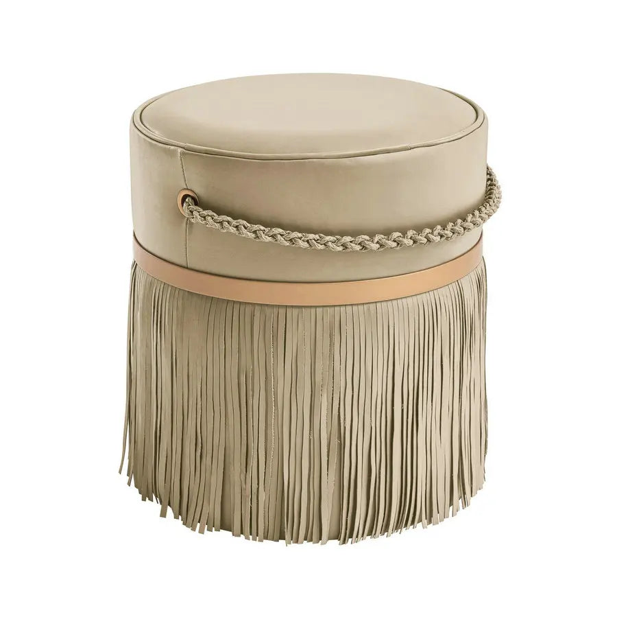 Modern Esthetic Leather Fringes Ottoman with Chain Handle Tassel Pouf
