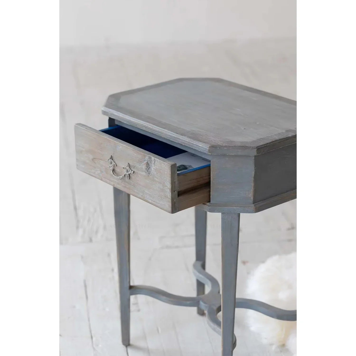 Chic French Vintage Recycled Pine Wood Nightstand with Drawer - Antique Blue Finish