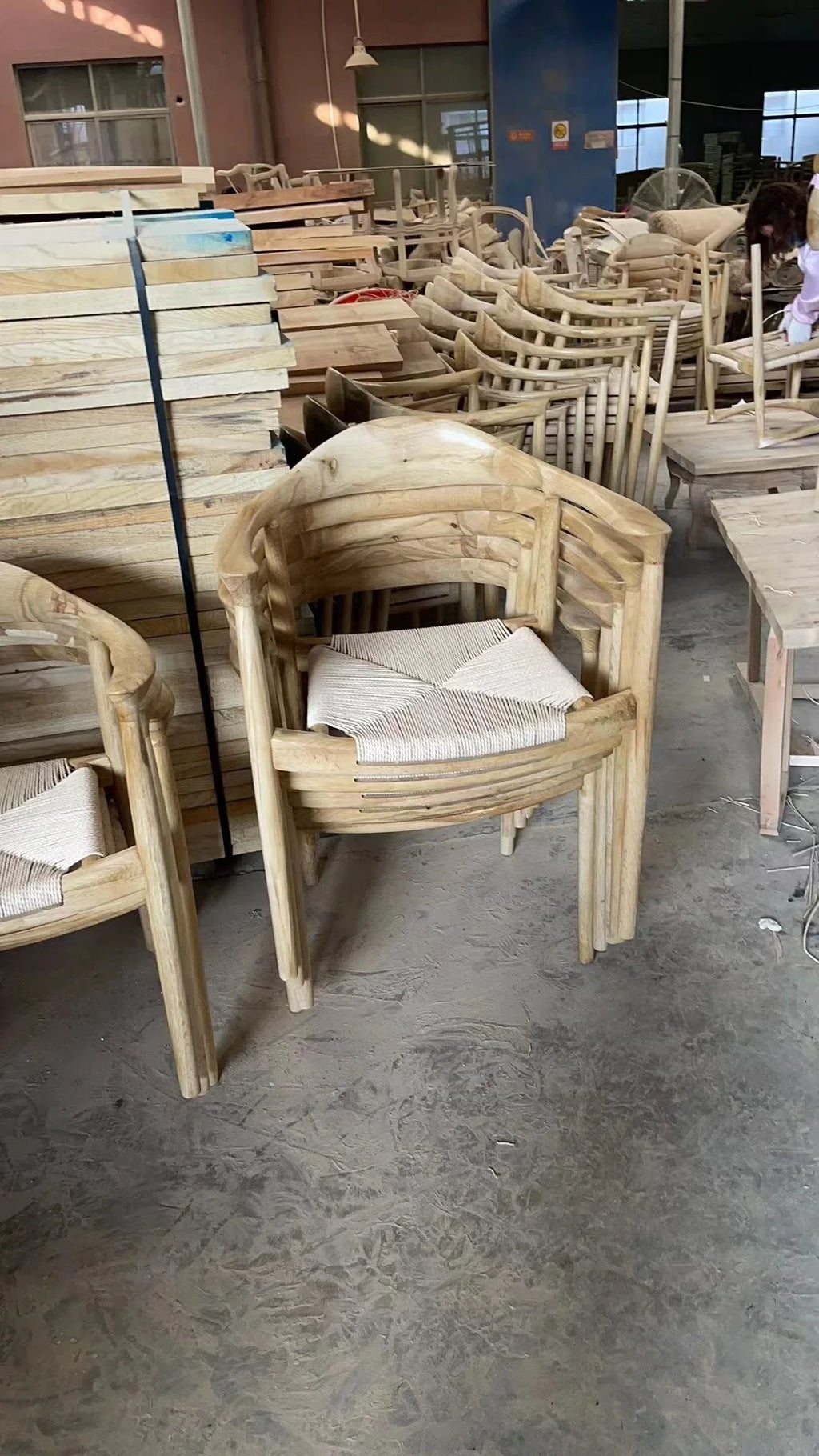 Elegant Solid Oak Stackable Dining Chair - Curved Back Woven Rope Seat