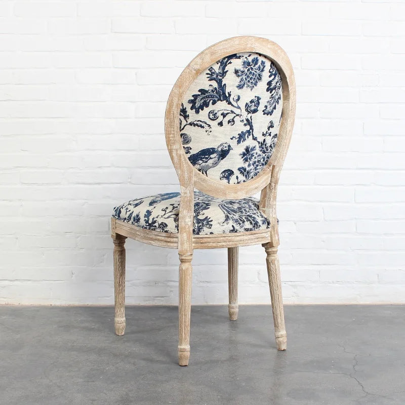 French Style Louis Round Back Linen Upholstered Solid Oak Dining Chair