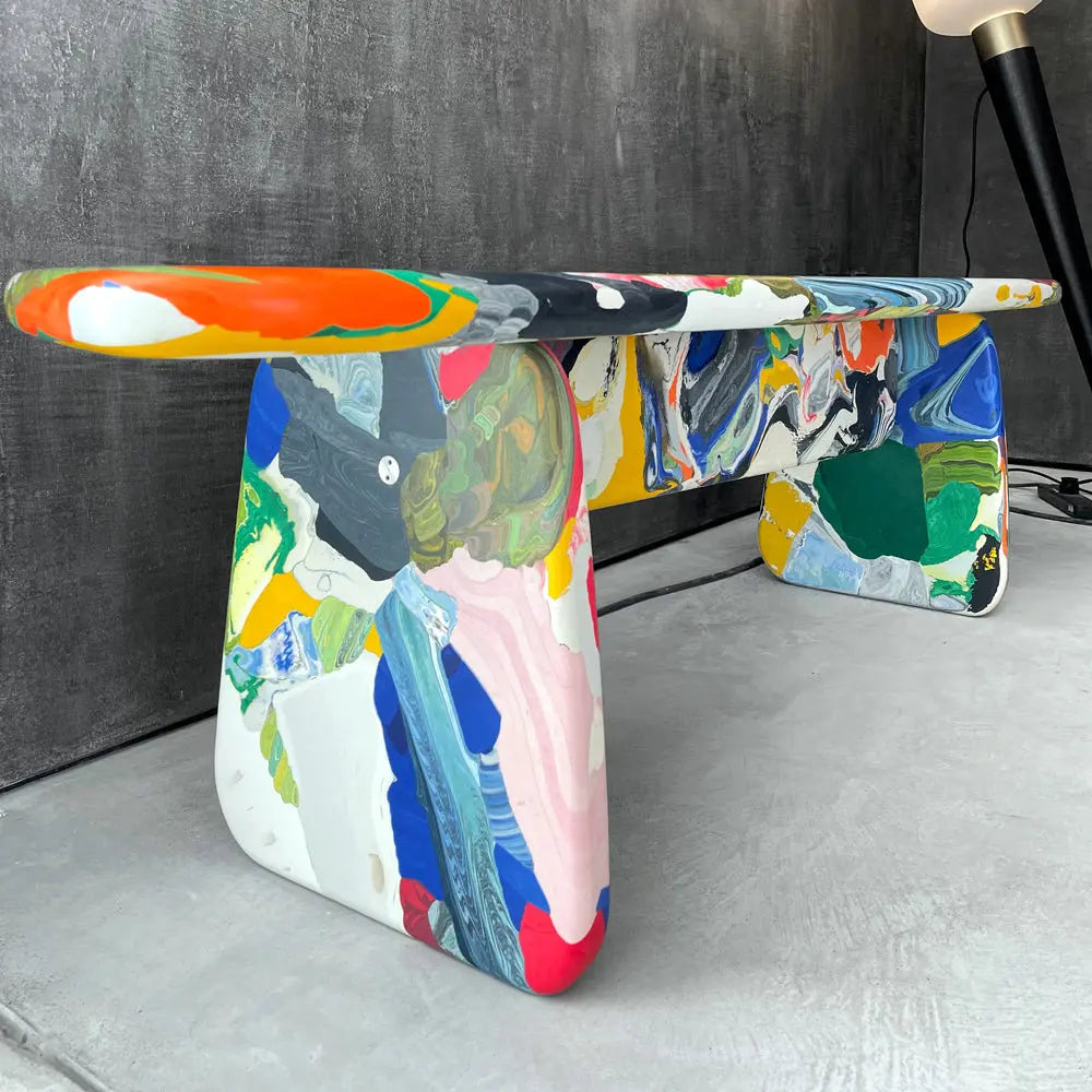 Vibrant Lacquer Fiberglass Coffee Table & Solid Wood Living Room Bench