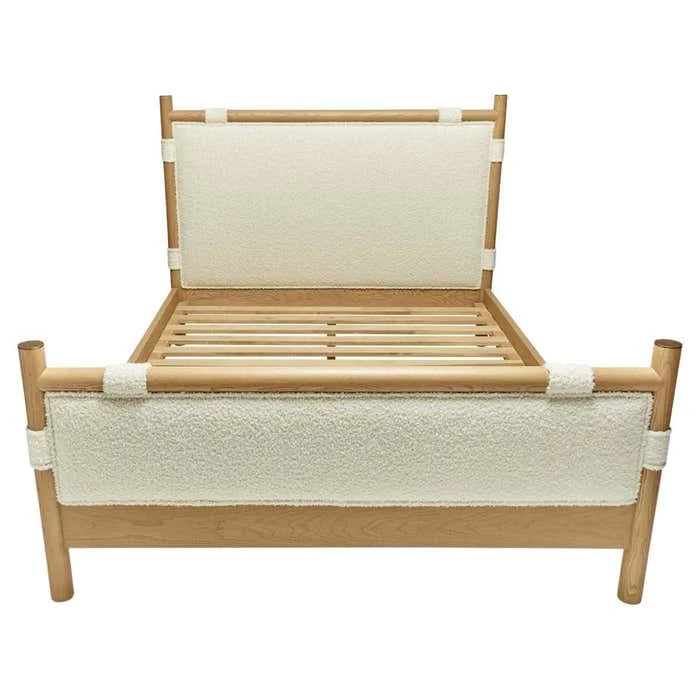 Modern Oak Wood Boucle Upholstered Bed Frame with Footboard