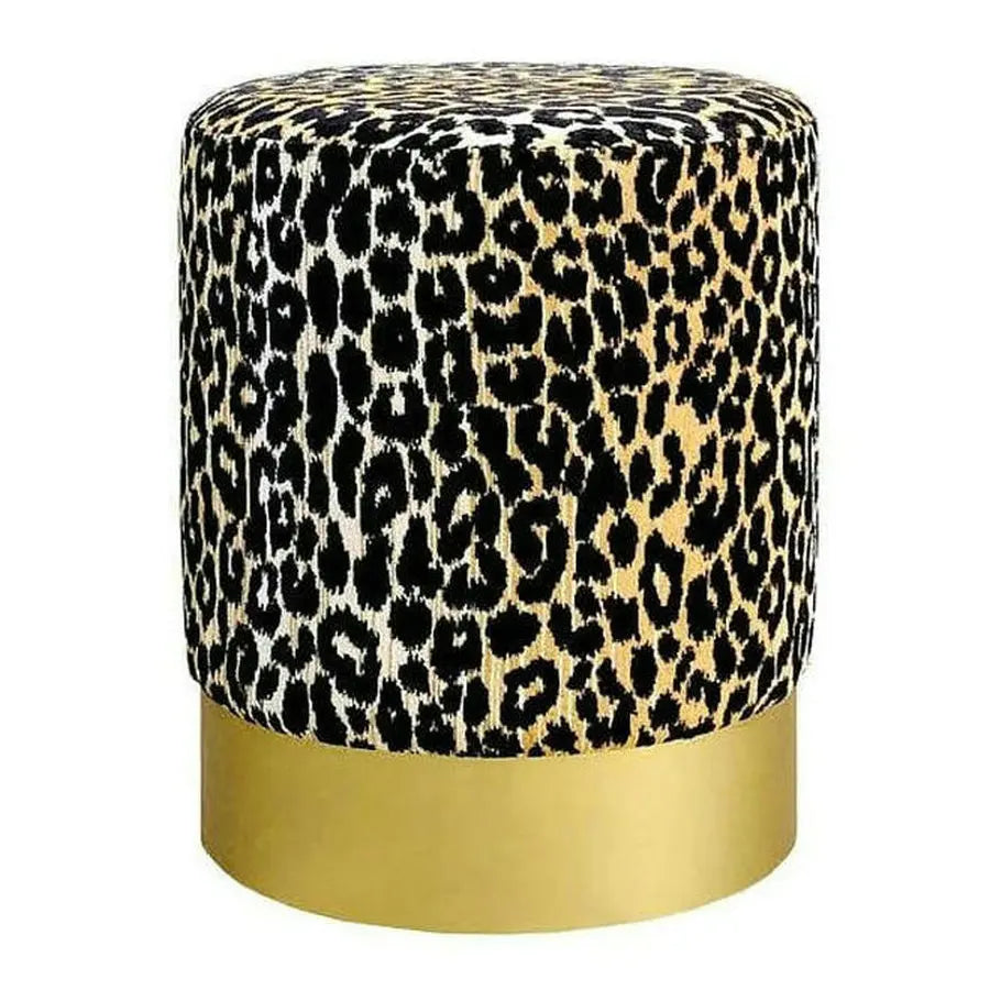 Modern Leopard Print Velvet Ottoman, Brass Base Luxury Pouf, Round Boucle Footrest Stool