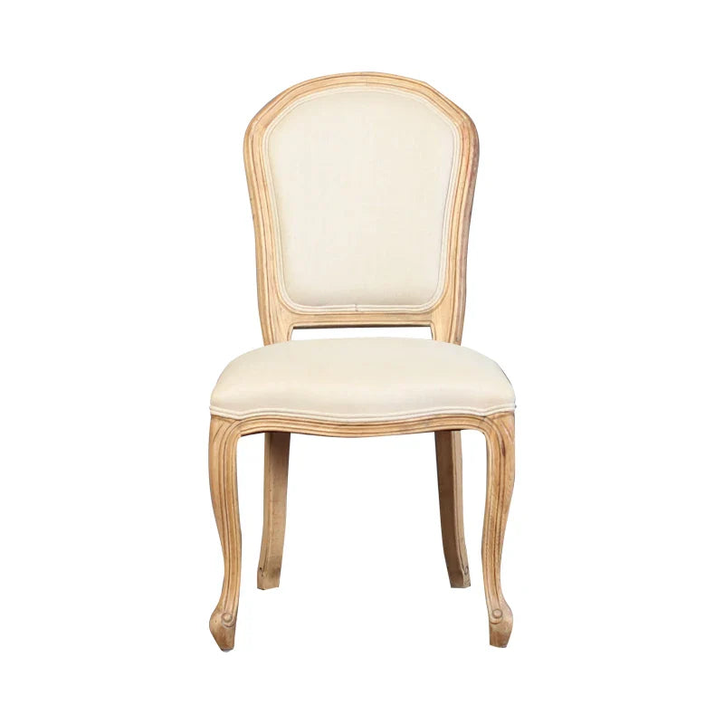 Elegant French Classic Carved Oak Dining Chair with Linen Upholstery