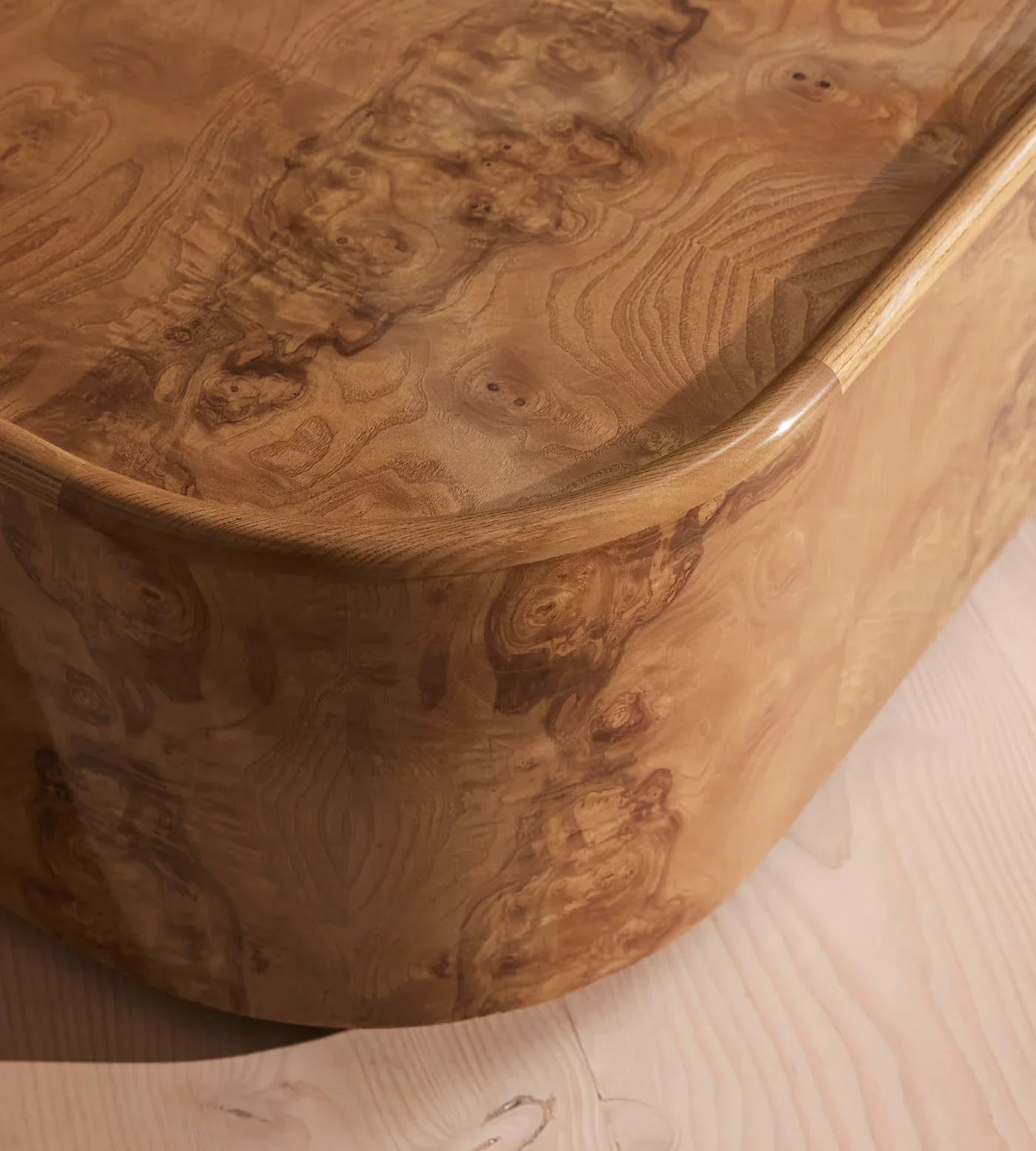 Nordic Modern Luxury Wood Coffee Table, Olive Ash Burl Living Room Centerpiece