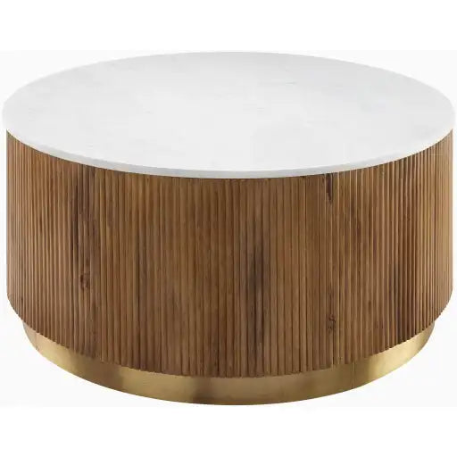 Elegant Round Fluted Oak Wood End Table with Marbled Top and Metal Base