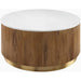 Elegant Round Fluted Oak Wood End Table with Marbled Top and Metal Base