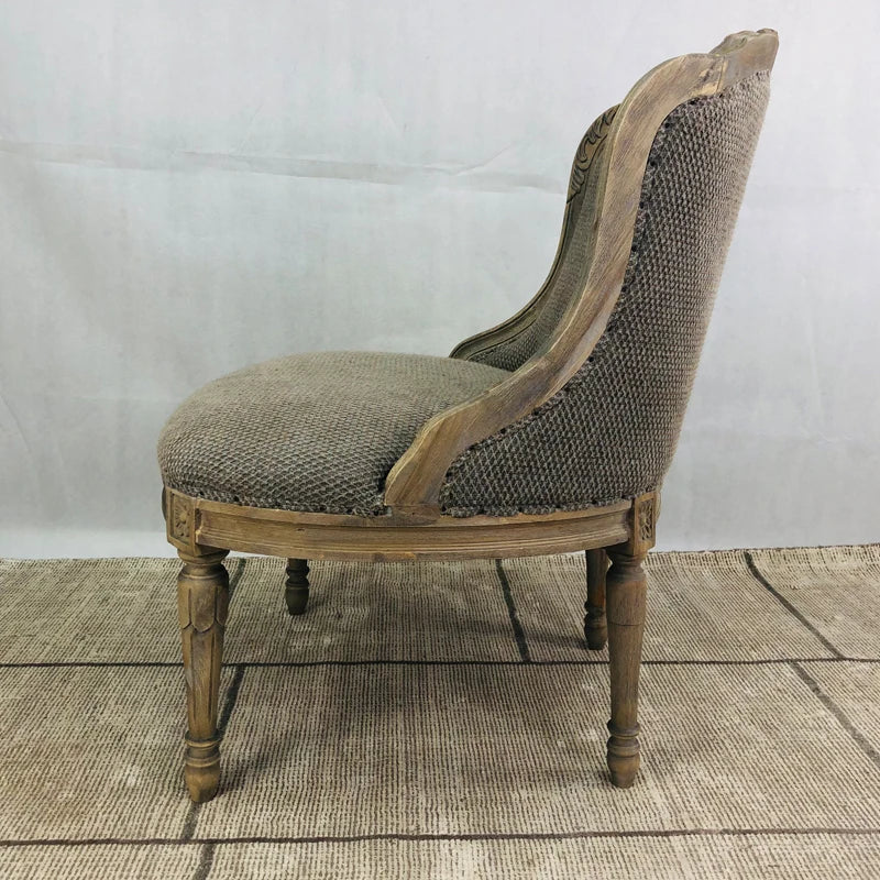 Elegant French Vintage Linen Upholstered Carved Solid Oak Dining Chair