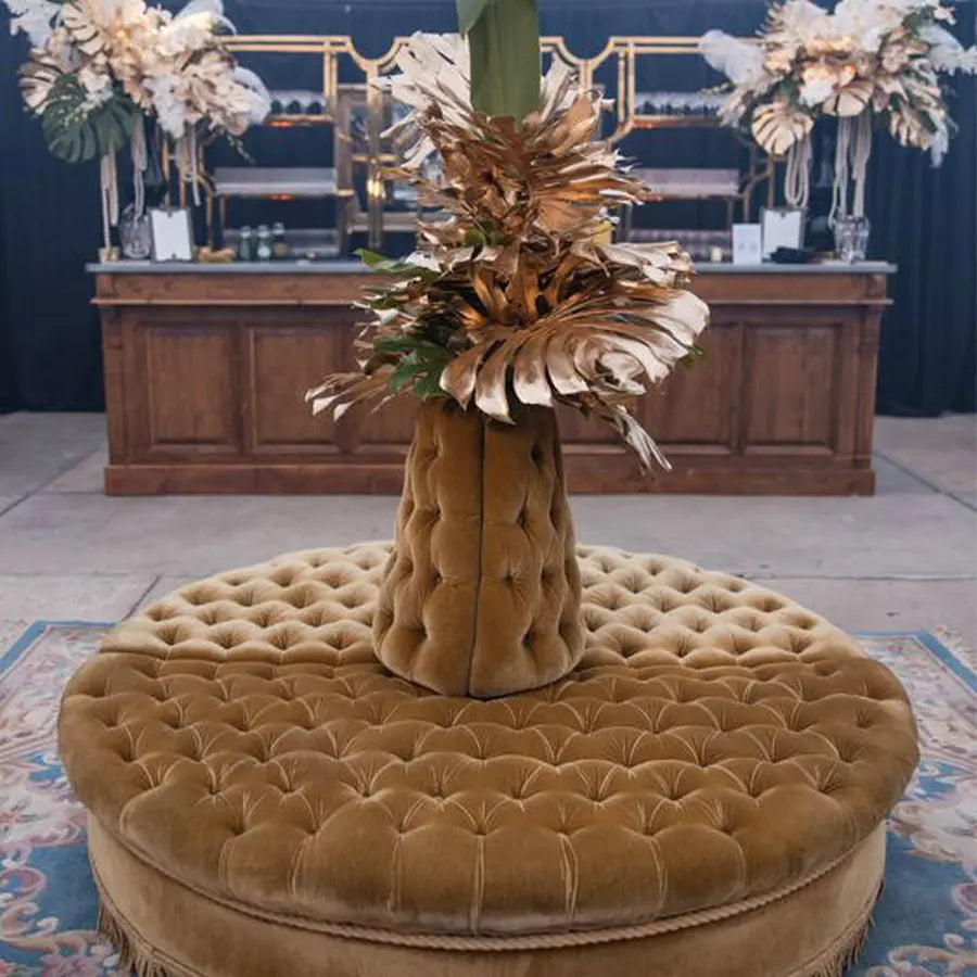 Luxurious Gold Velvet Circular Sofa with Fringe & Tufted Back for Elegant Living Spaces