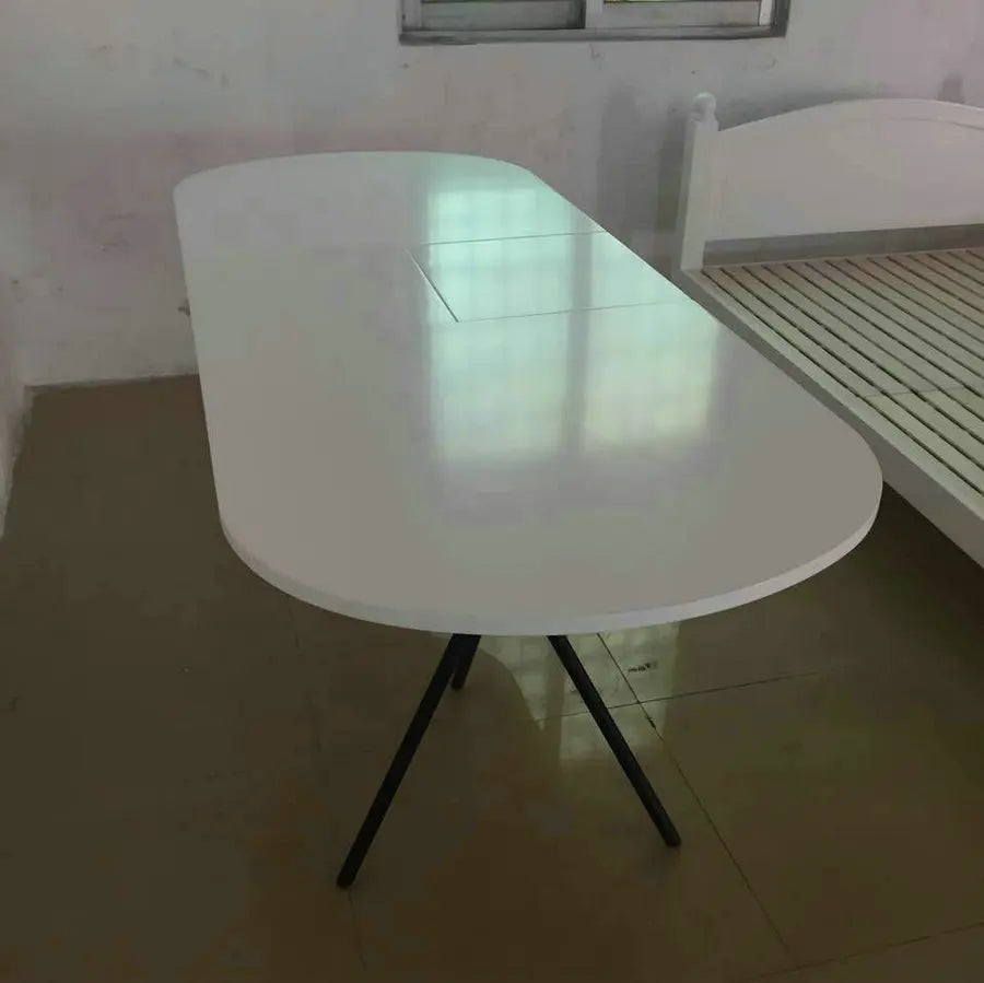 Modern Extendable Dining Table: Matte White Lacquer, Oak Veneer Top, Metal Base