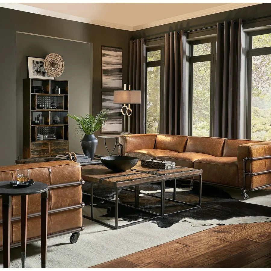 Vintage Industrial Faux Leather Sofa, Cast Iron Wheels, Aged Living Room Couch