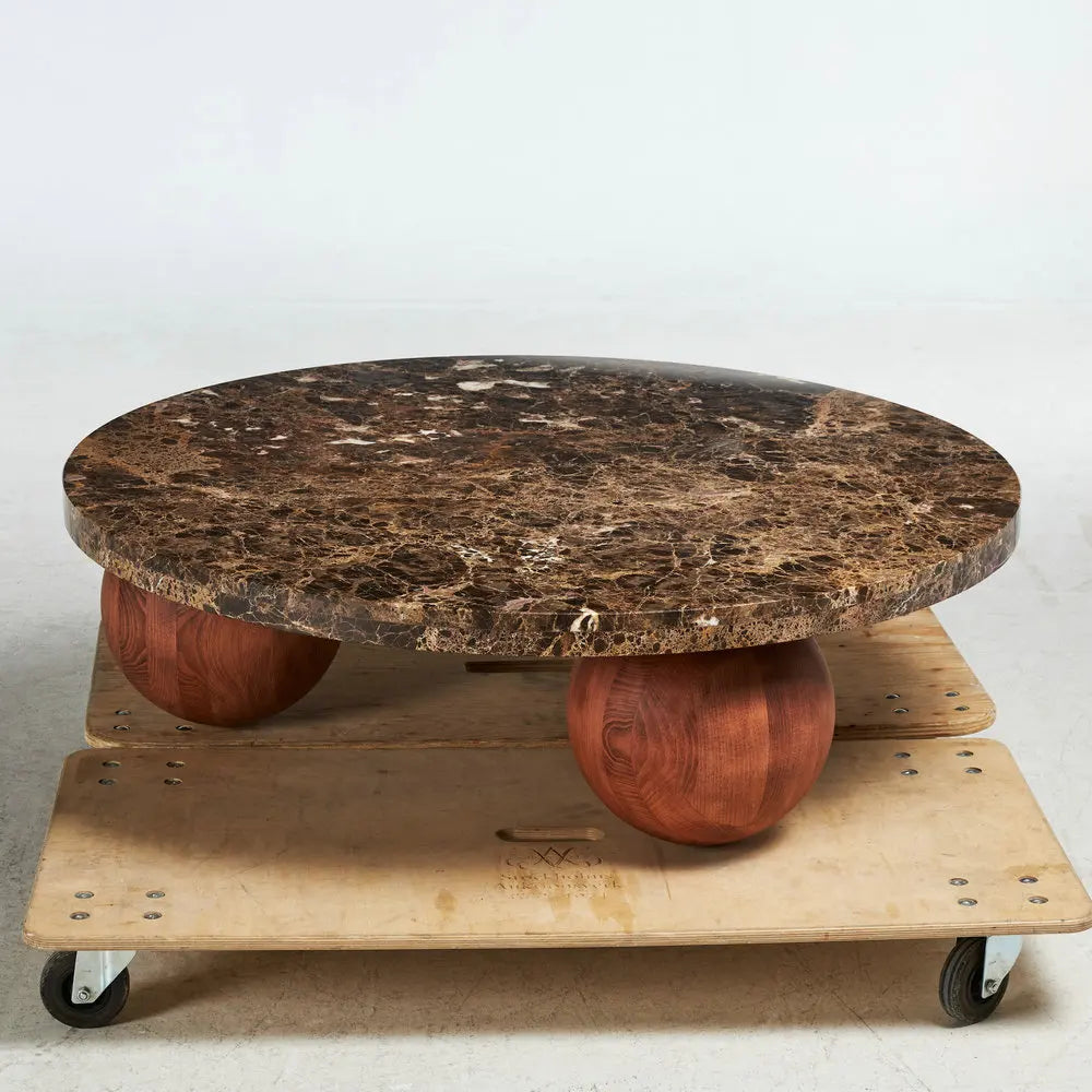 Elegant Round Emperador Marble Coffee Table with Unique Beech Wood Ball Base