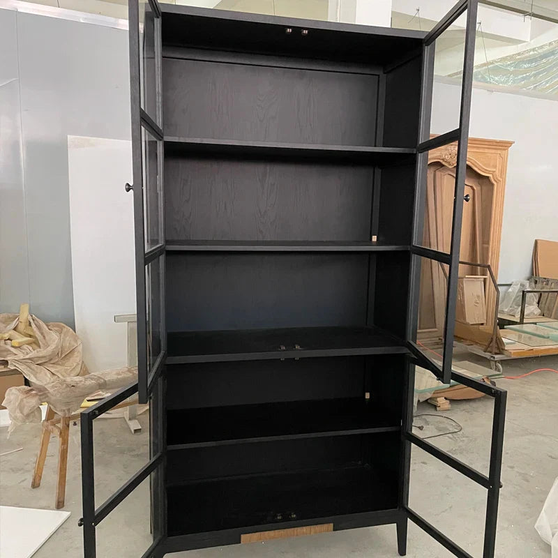 Elegant Black Oak Glass Display Cabinet for Living Room Storage & Decor