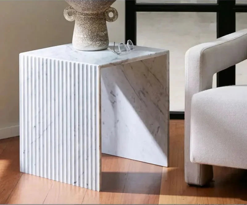 Tostone Elegant White Carrara Marble Side Table for Modern Living Spaces