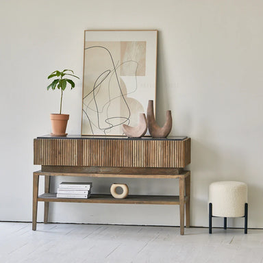 Japandi Style Wooden Console Table: Authentic Elm Plywood & Stone Sideboard