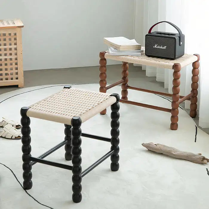 Elegant Bobbin Bench: Natural Oak Wood Woven Rattan Cane Footstool