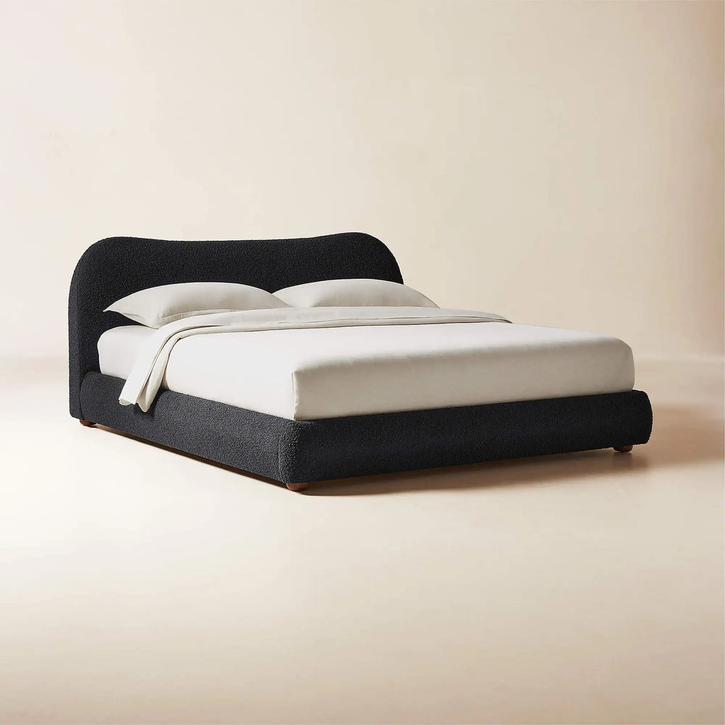 Luxurious Black Boucle Upholstered Solid Oak Wood King Size Bed Frame