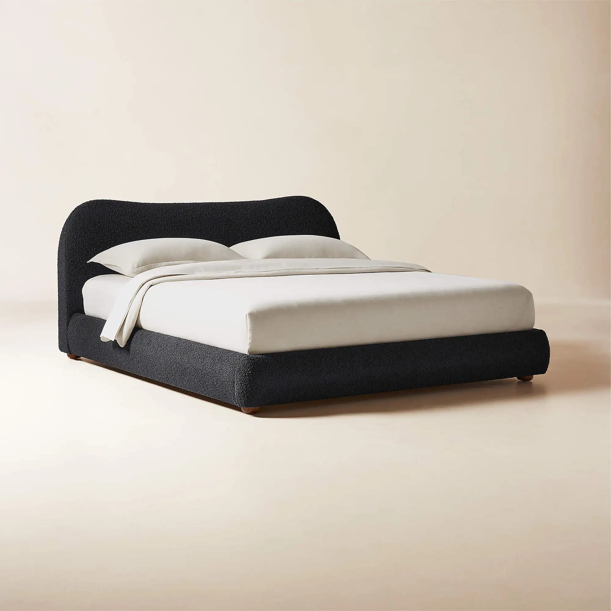 Luxurious Black Boucle Upholstered Solid Oak Wood King Size Bed Frame