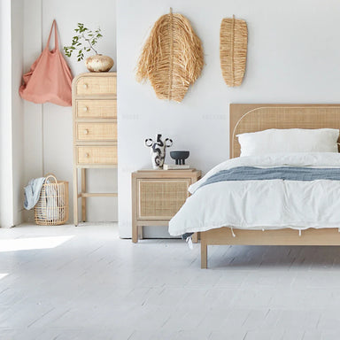 Boho Organic Japandi Oak Rattan Bedside Cabinet - Rustic Bedroom Wood Nightstand