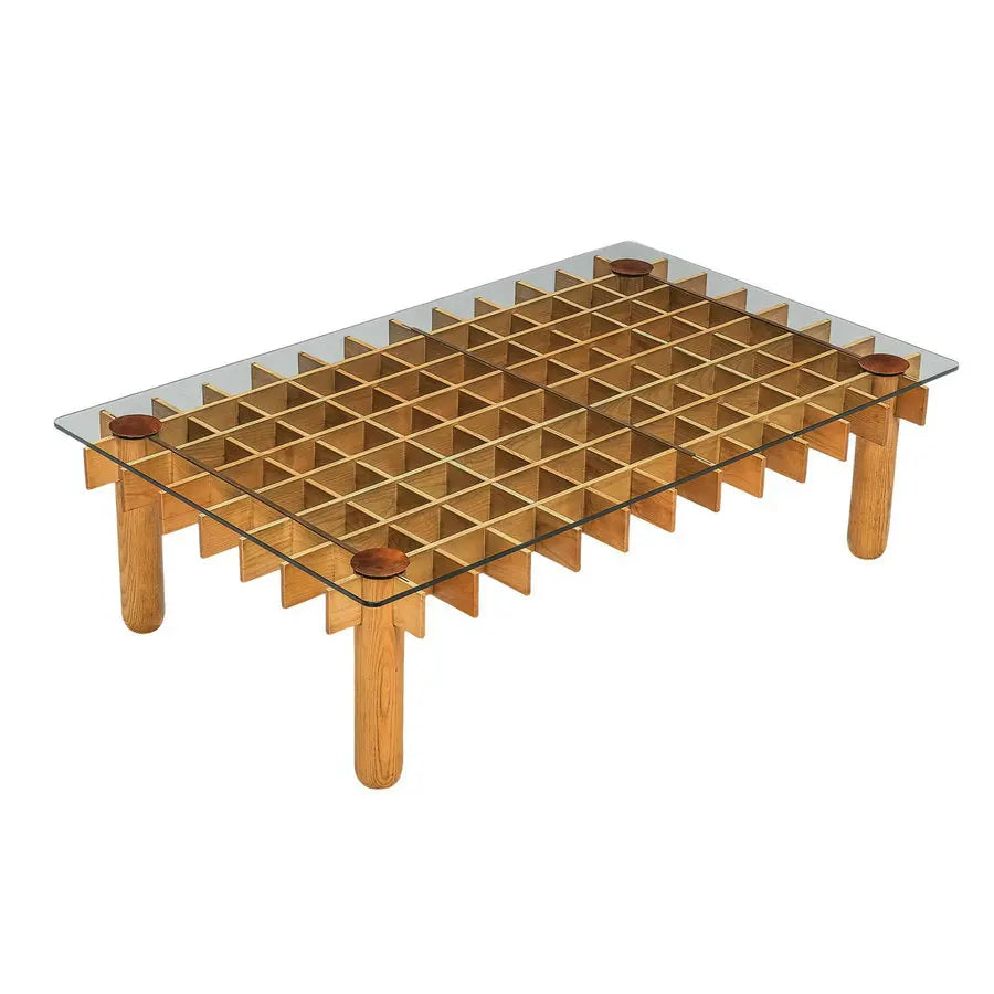 Mid-Century Modern Glass Top Coffee Table with Elegant Wood Frame
