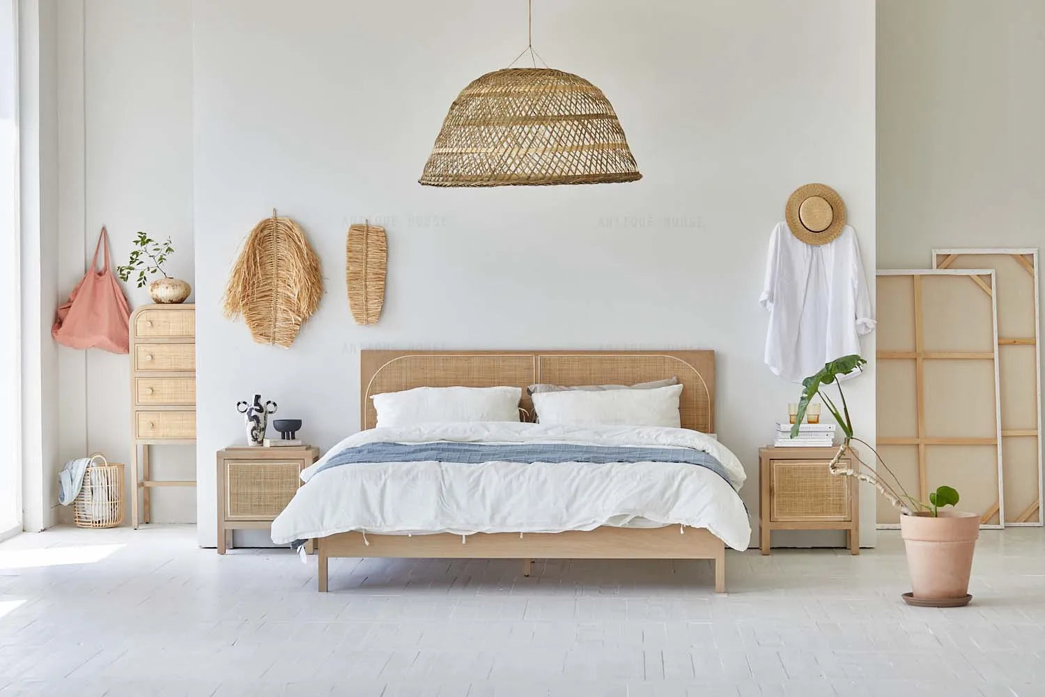 Boho Rattan Oak Wood Nightstand Bedside Table with French Country Charm