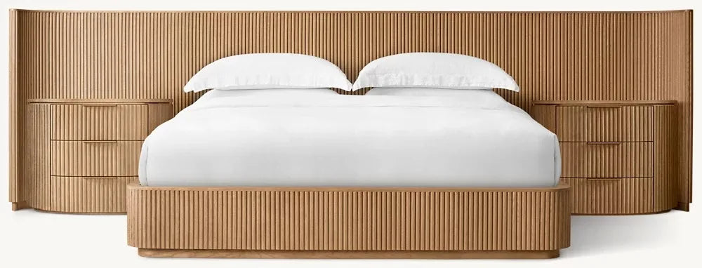 Premium American Style Oak Wood Queen Bed, Postmodern Luxury Extended Headboard Design