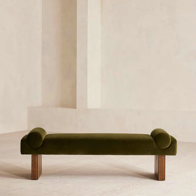 Elegant Olive Green Velvet Upholstered Solid Wood Ottoman Bench