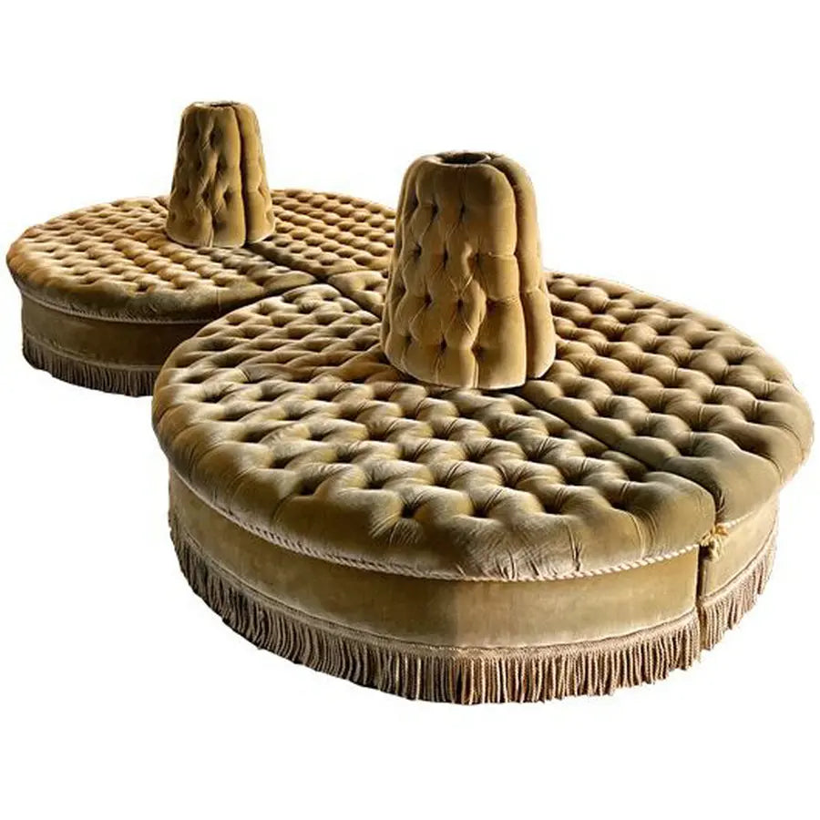 Luxurious Gold Velvet Circular Sofa with Fringe & Tufted Back for Elegant Living Spaces