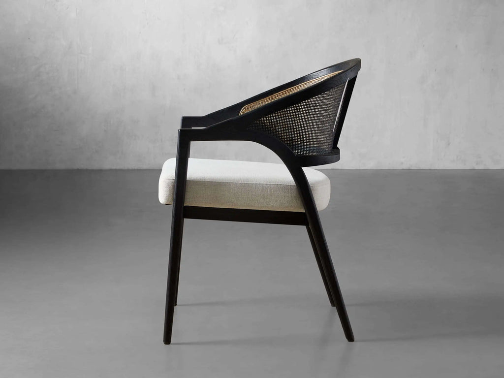 Aimee Modern Upholstered Rattan Back Dining Arm Chair, Solid Oak Frame