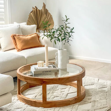 Elegant Solid Oak Wood Round Coffee Table with Tempered Glass Top