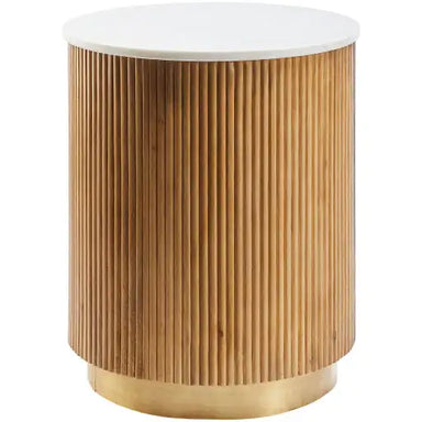 Elegant Round Fluted Oak Wood End Table with Marbled Top and Metal Base