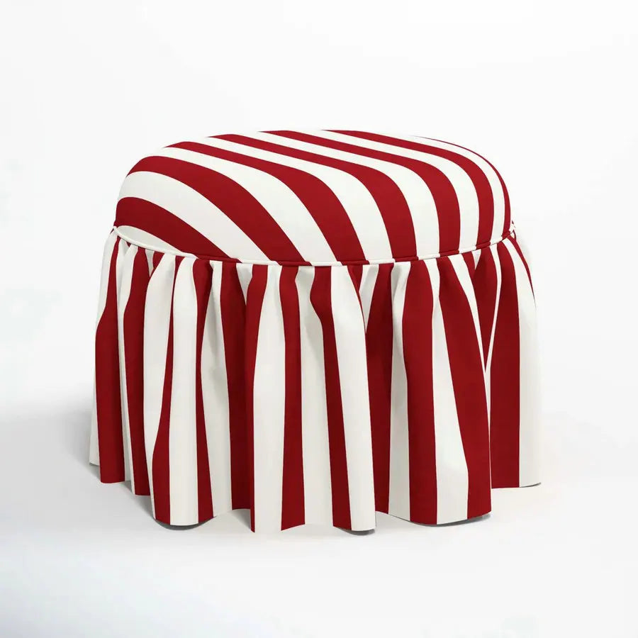 French Country Checkered Fabric Upholstered Round Ruffled Skirt Ottoman