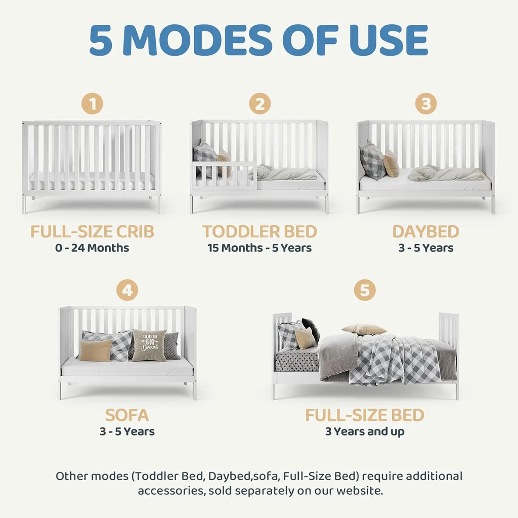 Versatile 5-in-1 Convertible Crib: Toddler, Daybed, Full-Size, 3 Height Adjustments