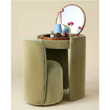 Elegant Upholstered Vintage Makeup Vanity Desk with Foldable Mirror and Stool Set