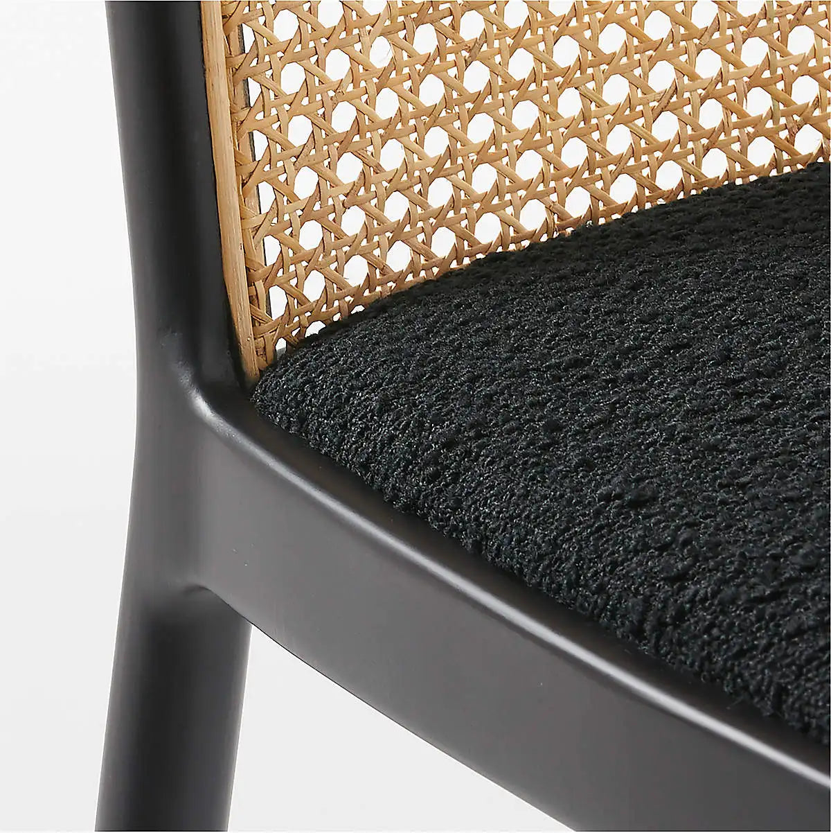 Elegant Black Oak Wood Rattan Cane Back Boucle Upholstered Dining Chair Comfortable