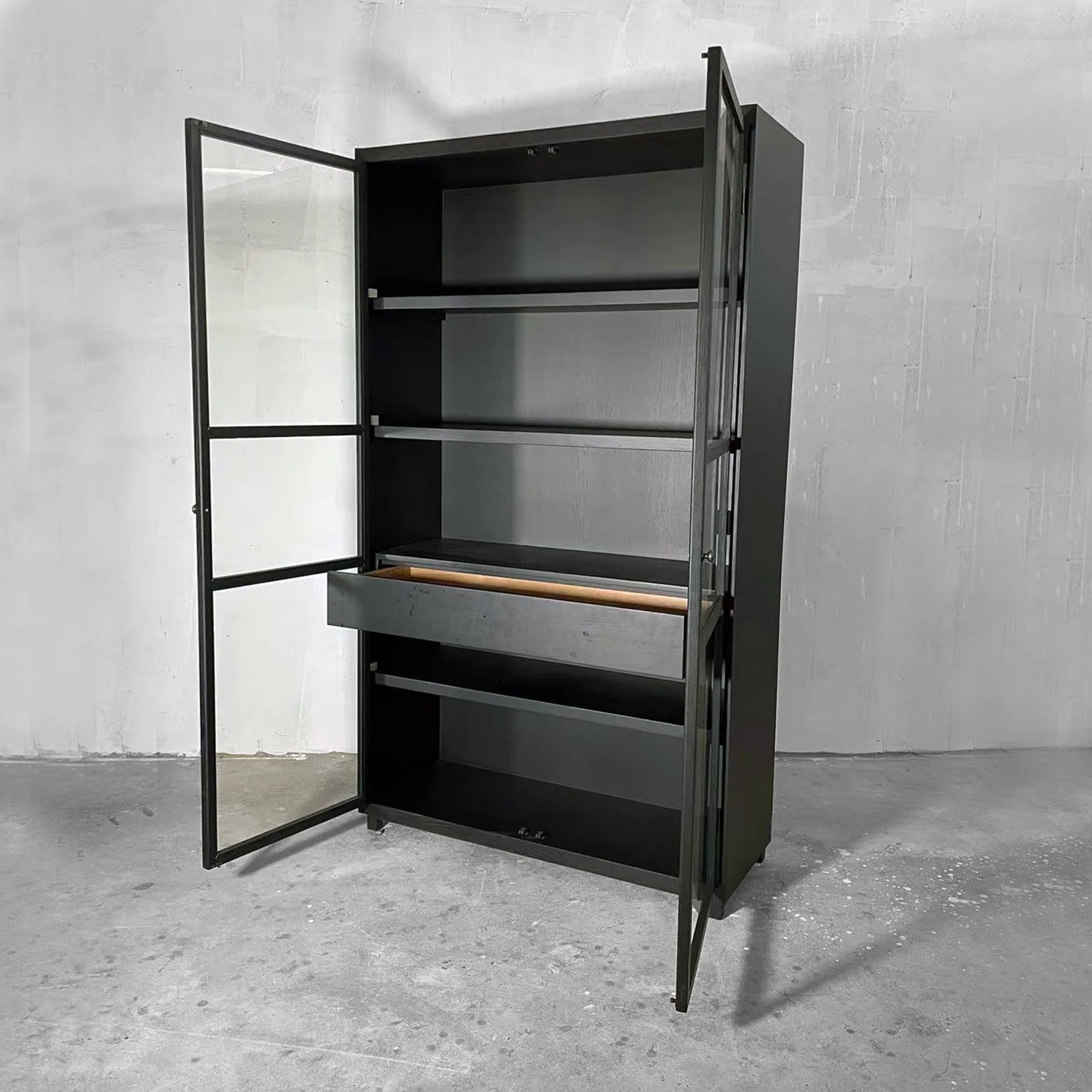 Elegant Solid Oak Wood Black Glass Display Cabinet Bookcase for Living Room